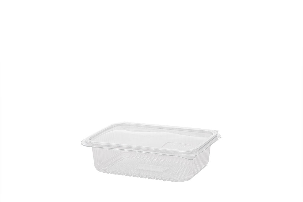 Feinkostbecher, Salatschale, Klappschale, angehängter Deckel, transparent, 750 ml, rechteckig, 16,5 x 11,5 x 5 cm